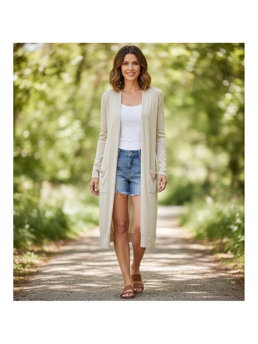 LOFT Y2K Long Open Cardigan Duster Beige Cream Size LP Pockets